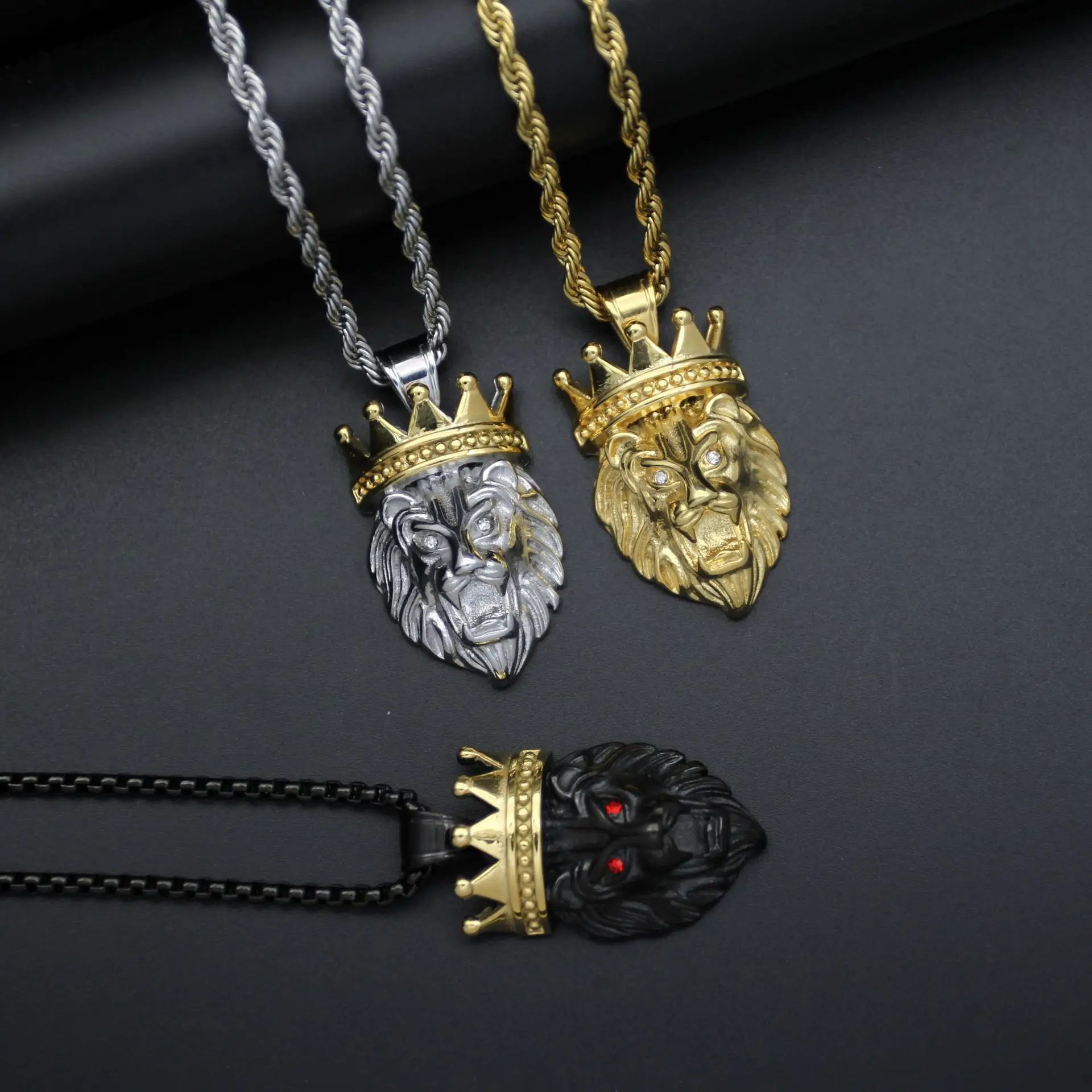 Hip Hop Black Gold Silver Color Stainless Steel Crown Lion Pendant Necklace for Men Rapper Jewelry Drop Shipping