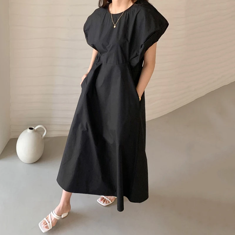 Женское Плиссированное длинное платье [EWQ] черное свободное с круглым вырезом и