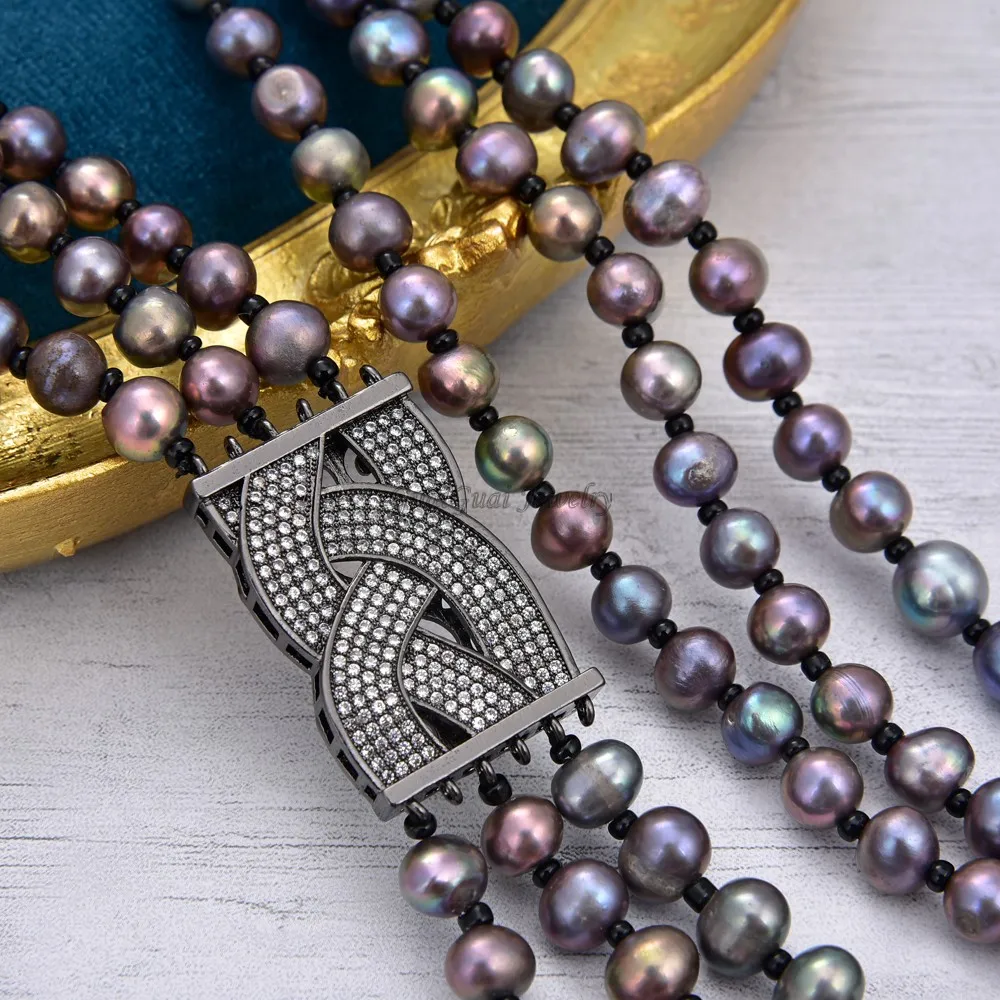 

GG Jewelry 29'' 3 Rows 10mm Black Pearl CZ Connector Necklace