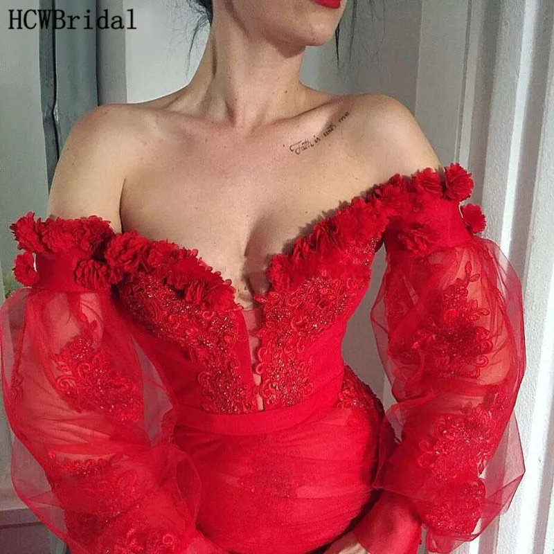 

Red Long Sleeves Evening Formal Dress Off The Shoulder Beaded Lace Mermaid Wedding Party Dresses Customize Robe De Soiree
