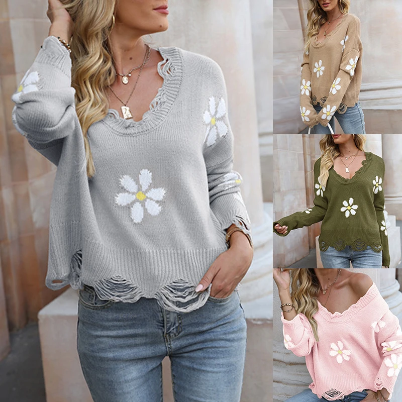 

Women Sweaters Pullover Autumn Winter Long Sleeve V Neck Knitted Sweater Hollow Out Ripped Tassel Female Clothing Flower Pattern