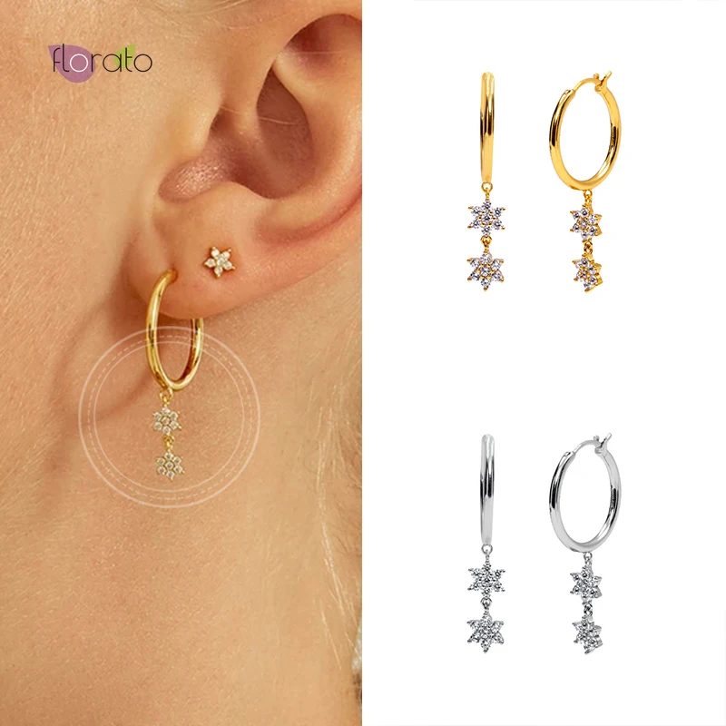 

925 Sterling Silver Ear Buckle Star Crystal Pendant Exquisite Hoop Earrings Fashion Jewelry For Women Korean Style Birthday Gift