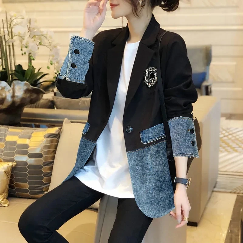 

Spring and Autumn Casual Splicing Single Breasted Blazer for Women Ripped Denim Black Suit