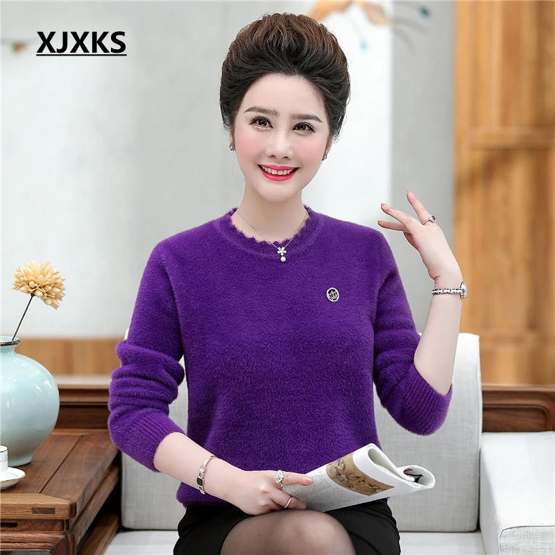 XJXKS ropa mujer Invierno свитер большого размера элегантный кашемировый пуловер с длинными рукавами универсальные пушистые пуловеры женский свитер - Цвет: Фиолетовый
