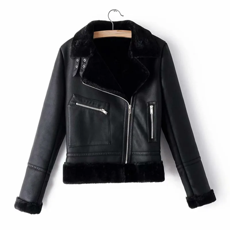 Classic Streetwear Women Fashion Black Outerwear Thick Winter Lady Leather-clad Cool Female Outerwear Chic Moto Girls Jacket Top