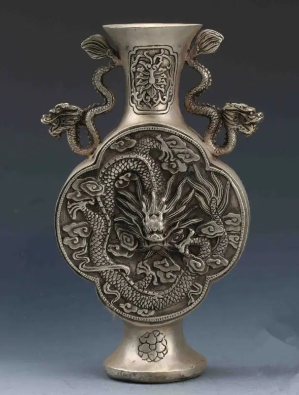 

Бинауральная ваза с драконом, ручная работа, китайское тибетское серебро