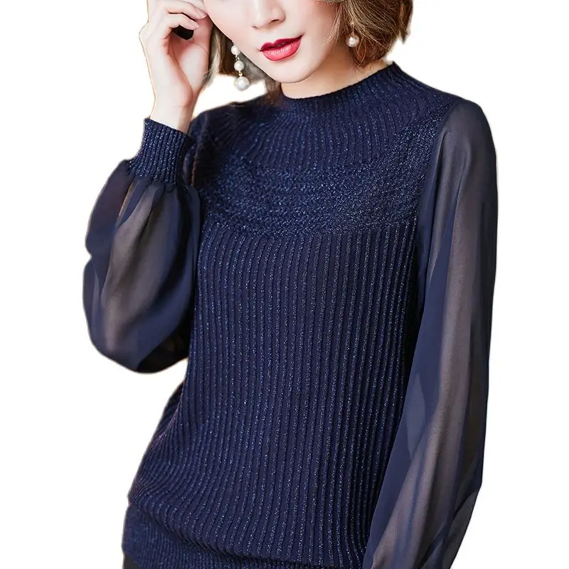 

Женский шифоновый топ среднего возраста, элегантный пуловер оверсайз с круглым вырезом и рукавами-фонариками, осень 2021