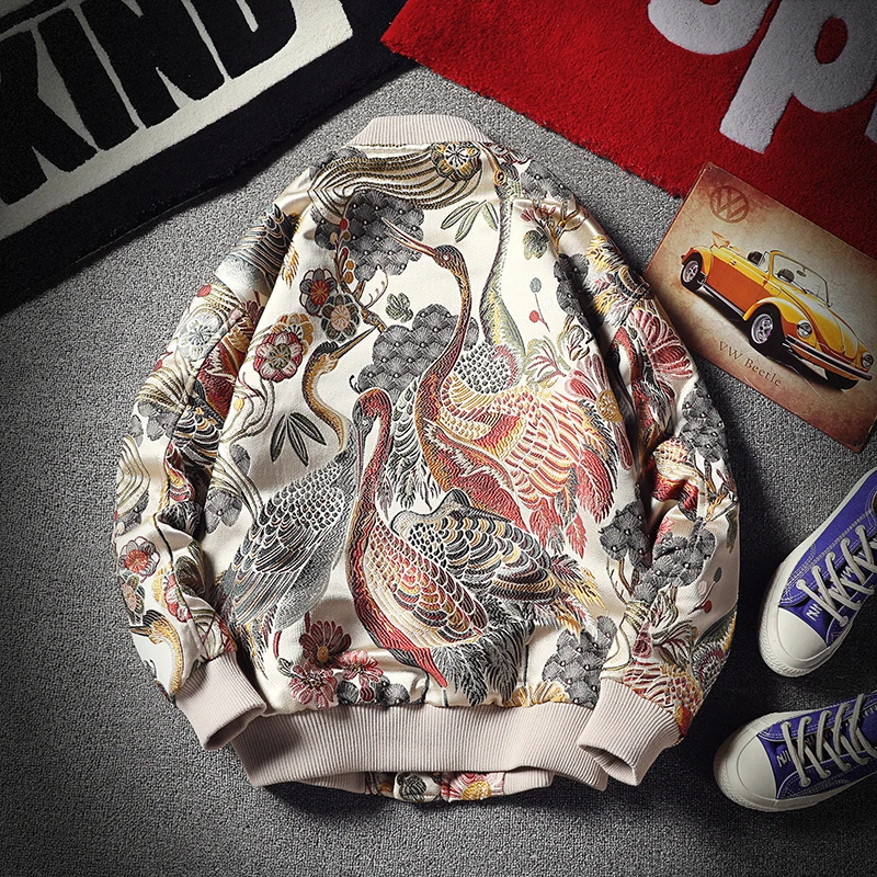 

Flower Jacket Embroidery Mens Hip Hop Jacket Autumn Retro Baseball Jacket Casual Men Fashion Japanese Streetwear Fat Big Size
