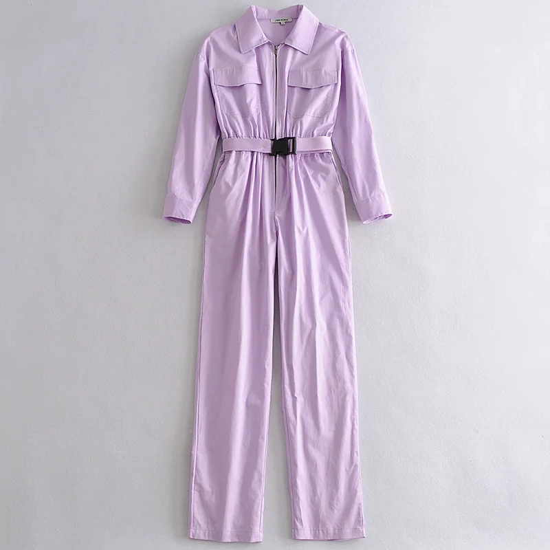 Женский однотонный комбинезон KUMSVAG Летний с длинным рукавом и поясом в стиле