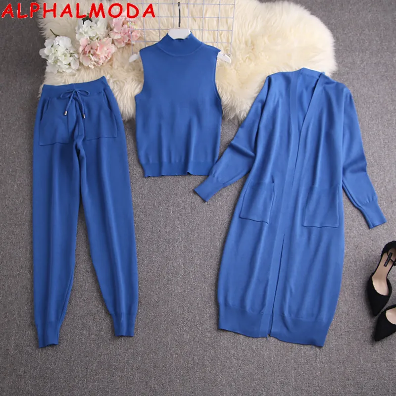 

WenQing Long Cardigans + Turtle Neck Vest + Pants Women Winter Trendy 3pcs Knitting Suit 2020 New Style Ladies Fashion Set