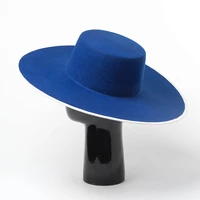new blue real wool flat fedora hat men wome solid color big wide brim felt hat derby party church hat adjustable panama jazz hat