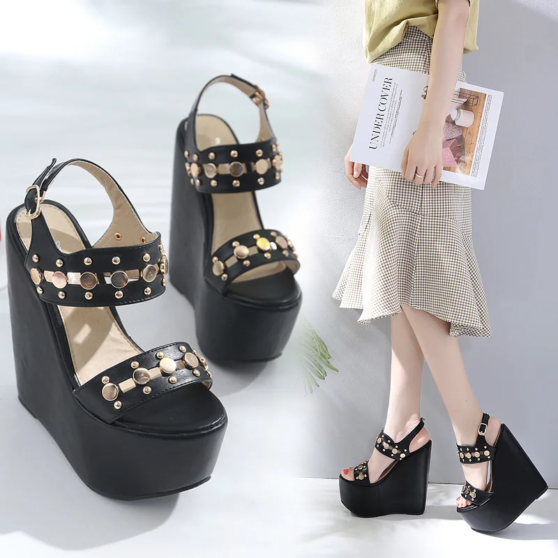 

2021 fashion new burst nightclub stage catwalk heels 17cm slope with willow nails a word sandals women