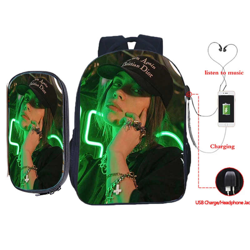 Billie Eilish рюкзак для зарядки через usb 2 шт./компл. школьная сумка для подростков мальчиков и девочек рюкзак для ноутбука пенал Дорожная сумка на плечо