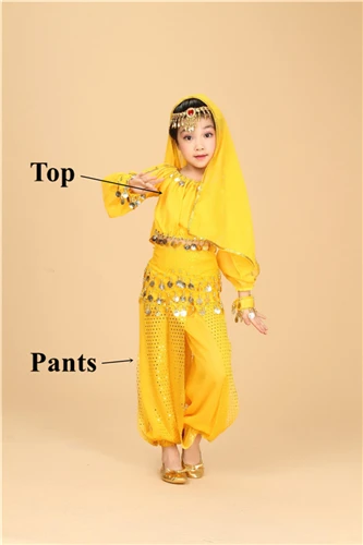 Yellow 2pcs Костюм для танца живота с длинными рукавами, детский индийский костюм для танца живота, одежда для сцены, танцевальные костюмы для девочек - Цвет: Yellow 2pcs