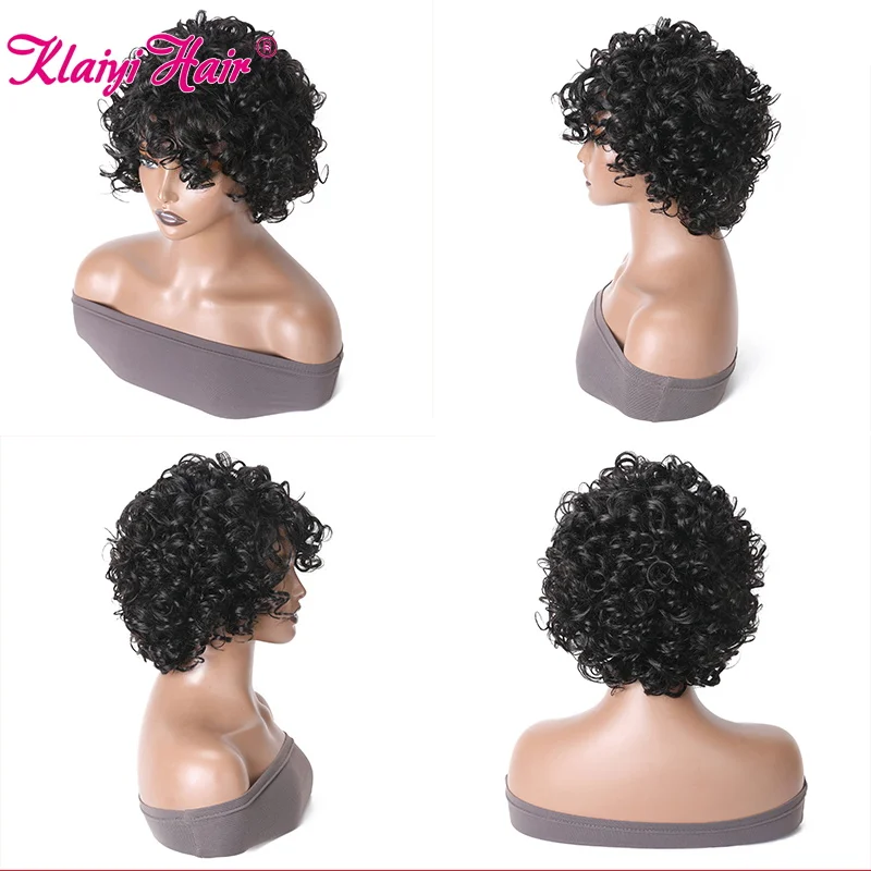 Klaiyi Hair Curly Pixie With Bangs Short Human Hair Wigs For Women Loose Curly Full-mechanism Wig 10 Inch Bouncy Curly Hair enlarge