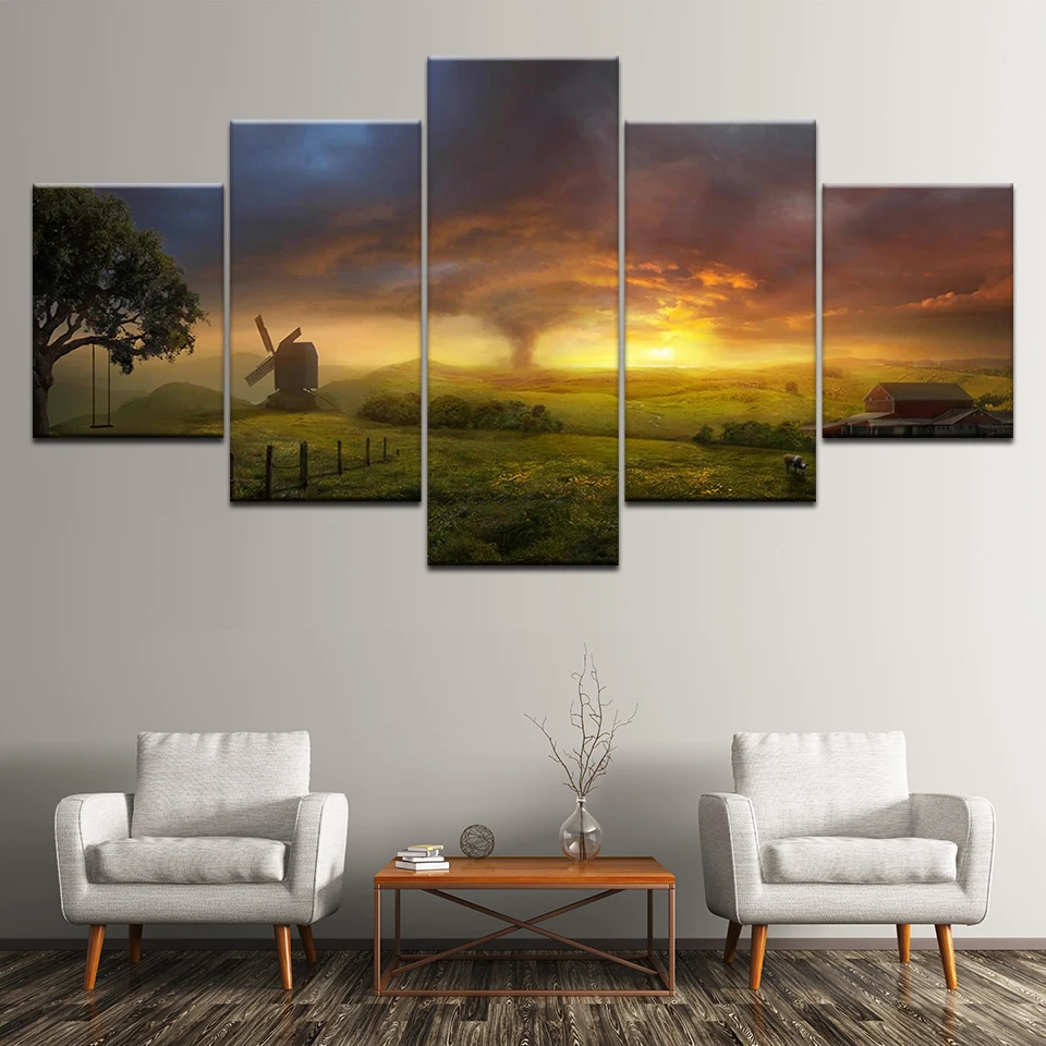 HD отпечатки закат плакат картина на стену полотно Картины 5 штук ветряная