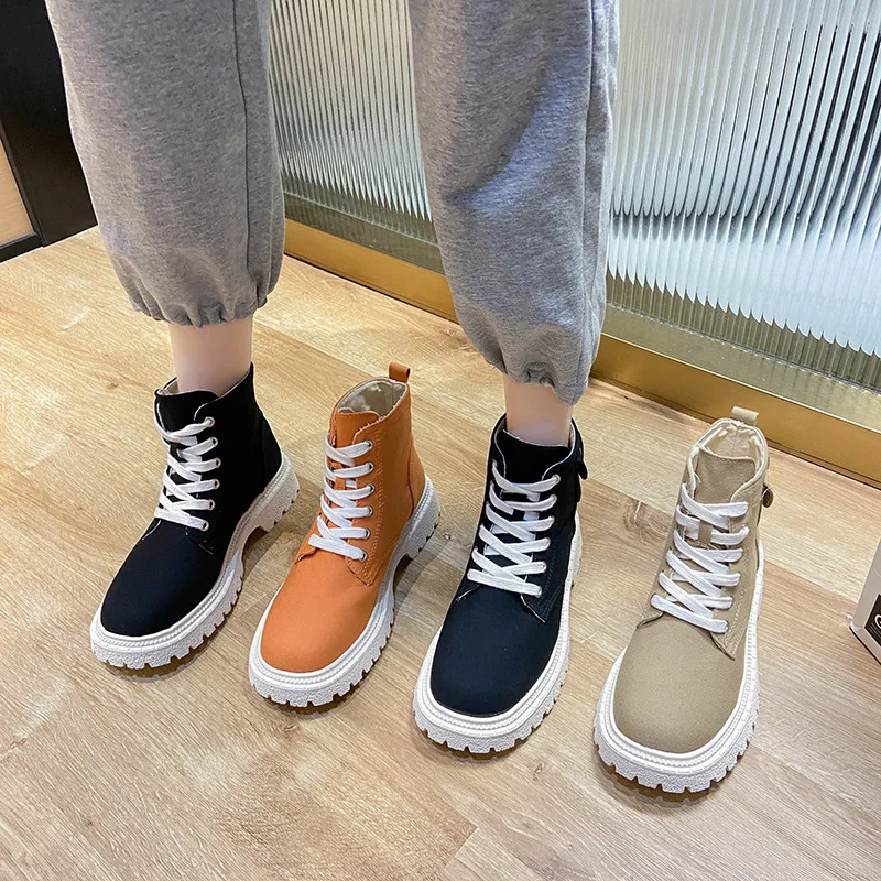 

2021 Autumn and winter New round head Pure color casual Thick heel Ladies Martin Boots zapatos de mujer winter boots