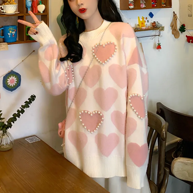 

Pink Knitted Sweater Women Sweet Print Pullovers Female Casual Kawaii Korean Style Losse Sweater 2020 Autumn Women's Clothing