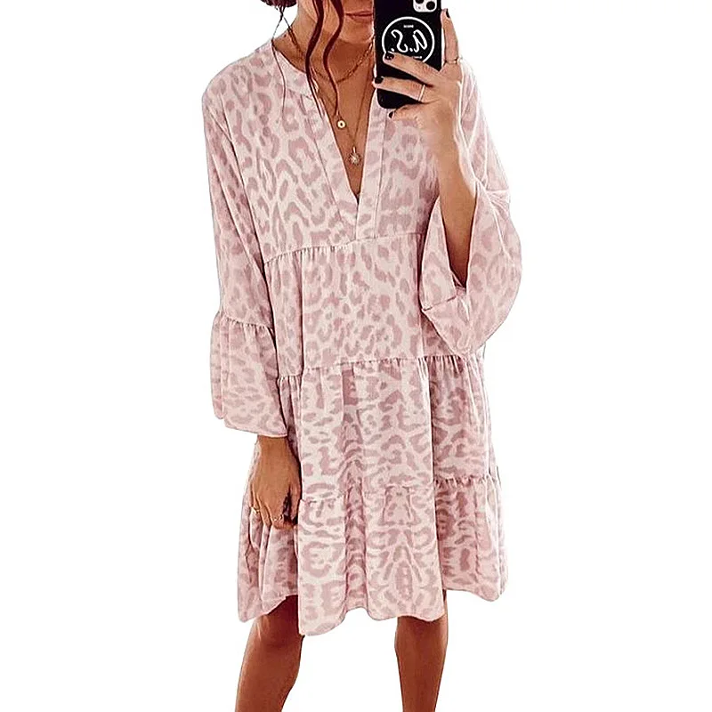 

Short Dress Sexy Leopard Fashion Women Long Sleeve Autumn Office Causal Loose Patchwork Print V Neck Plus Size Hem Vestidos