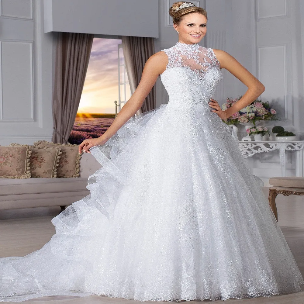 

Charming A-line Hi-neck See Through Vestidos de novia Wedding Dress 2016 with Appliques Casamento robe de mariee
