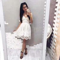 sweetheart a line v neck mini dress white lace flower appliques spaghetti strap backless summer beach short party cocktail gowns