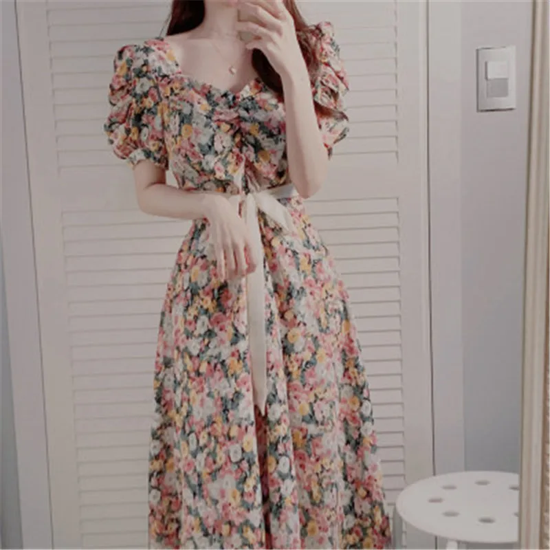 

French Chiffon Dress Women Puff Sleeve Point Print Vintage Retro Dress Office Lady Casual Summer Elegant Dress Women 2020 L10