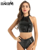 womens wetlook clubwear costumes fashion pole latex patent leather lingerie set crop top with high cut zippered crotch briefs