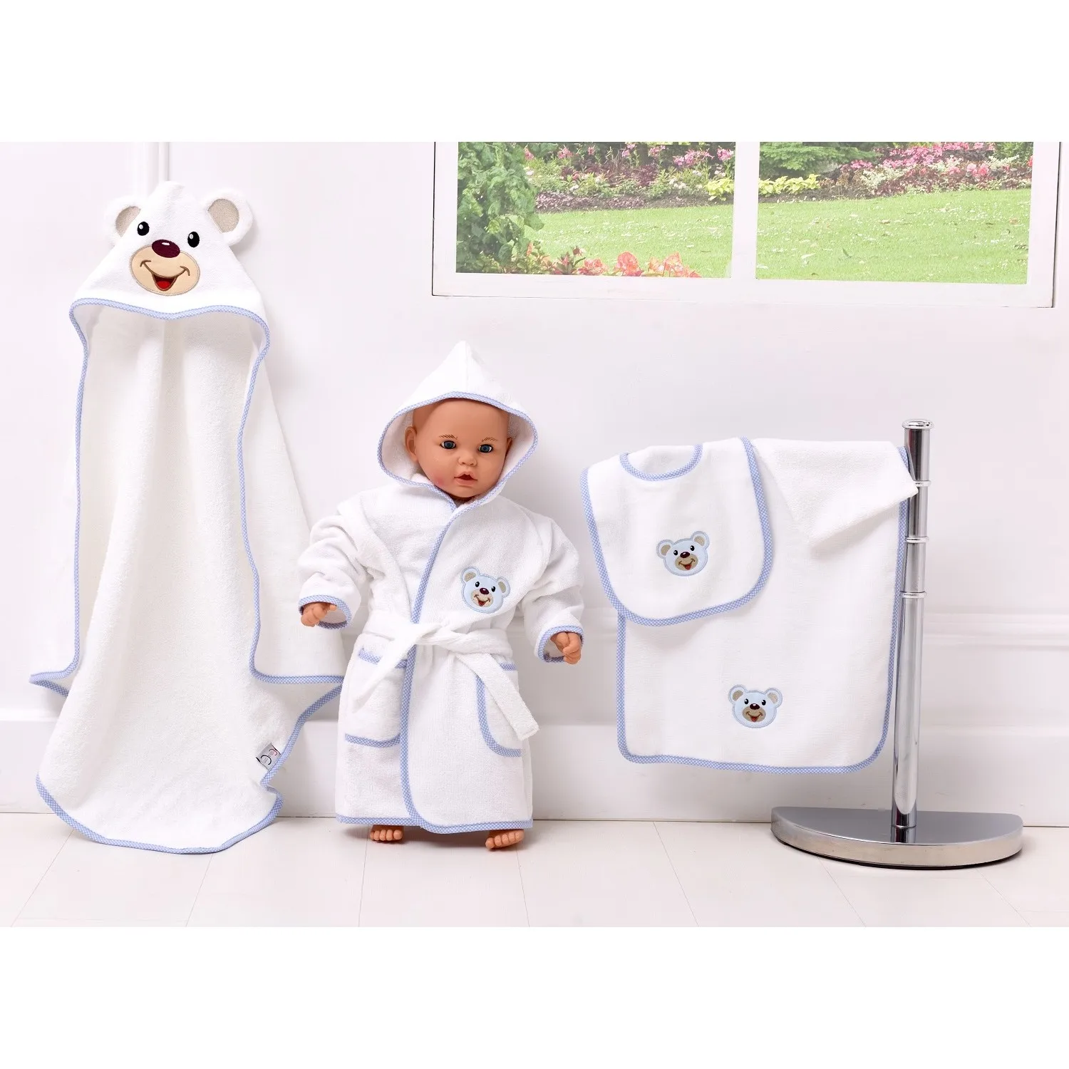 

Набор детских банных халатов с голубым медведем (набор из 5 предметов), супермягкий, детское полотенце, детская мойка, детское банное полотен...