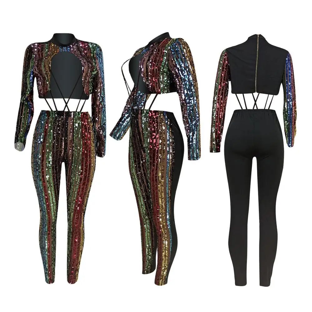 

Club Sexy Crop Sequined Jumpsuits O Neck Hollow Out Autumn Long Sleeve Body Romper Plus Size Beaded Women Bodysuits Clothes 2019