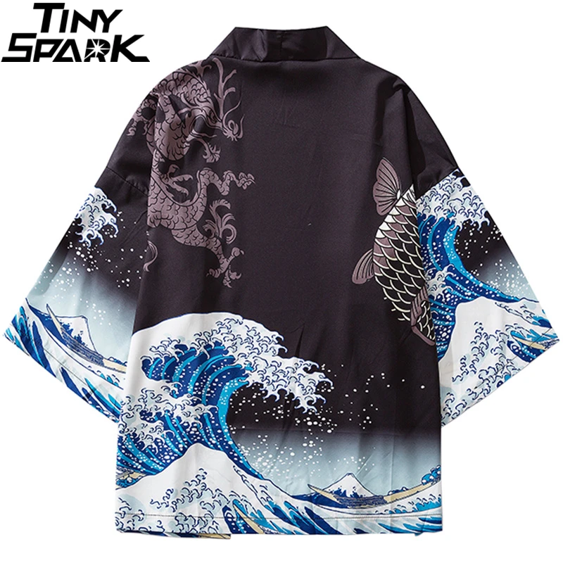 

2021 Harajuku Kimono Jacket Japanese Kanagawa Great Wave Hip Hop Mens Streetwear Jacket Dragon Koi Fish Thin Gown Japan Style