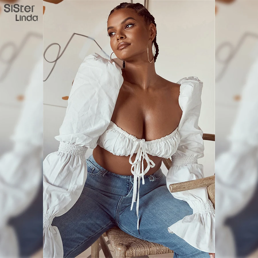 Женская футболка с длинным рукавом Sisterlinda белая Повседневная глубоким вырезом