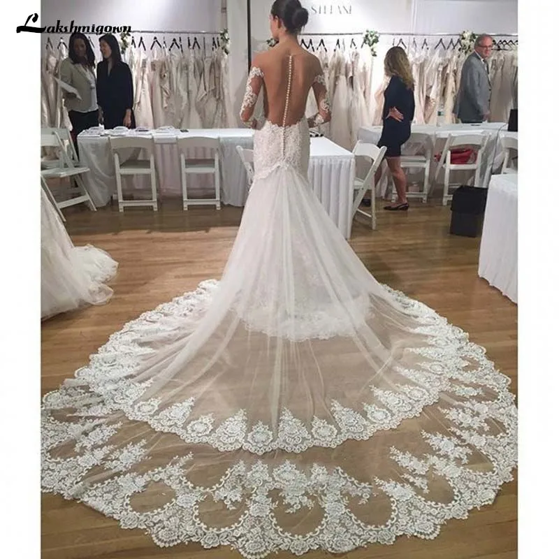 

Sexy Lace Backless Mermaid Bride Gown Long Sleeve Vestido De Noiva V Neck Appliques Backless 2020 Wedding Dresses