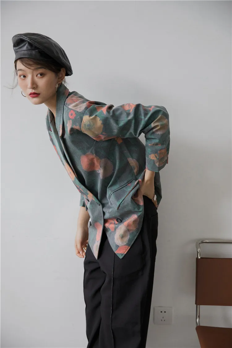 Женский винтажный Блейзер CHEERART свободный зеленый с цветочным принтом осень 2020 |