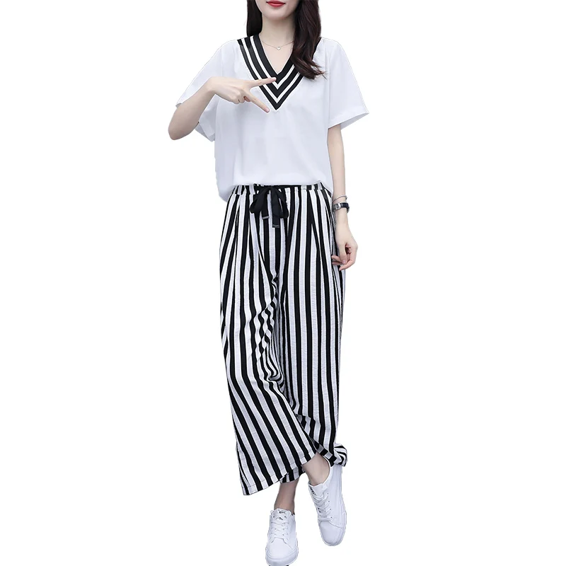 

2021 New Hit Summer Tracksuit Women Striated Patchwork V-Neck Shirt + Black Striated Wide Leg Pants Ladies Suits Female Clothing