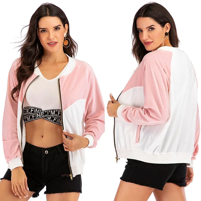 

Women's Velvet Color Matching Jackets Zip Up Casual Loose Long Sleeve Streetwear Coat with Pockets Pink