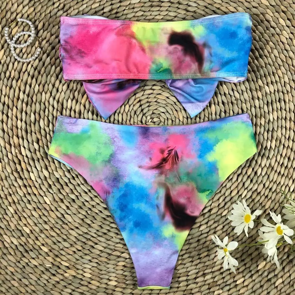 Bow Diamond Bandeau High Waist Bikini Female Swimsuit Women Swimwear Two-pieces Bikini set Bather Bathing Suit Swim Lady