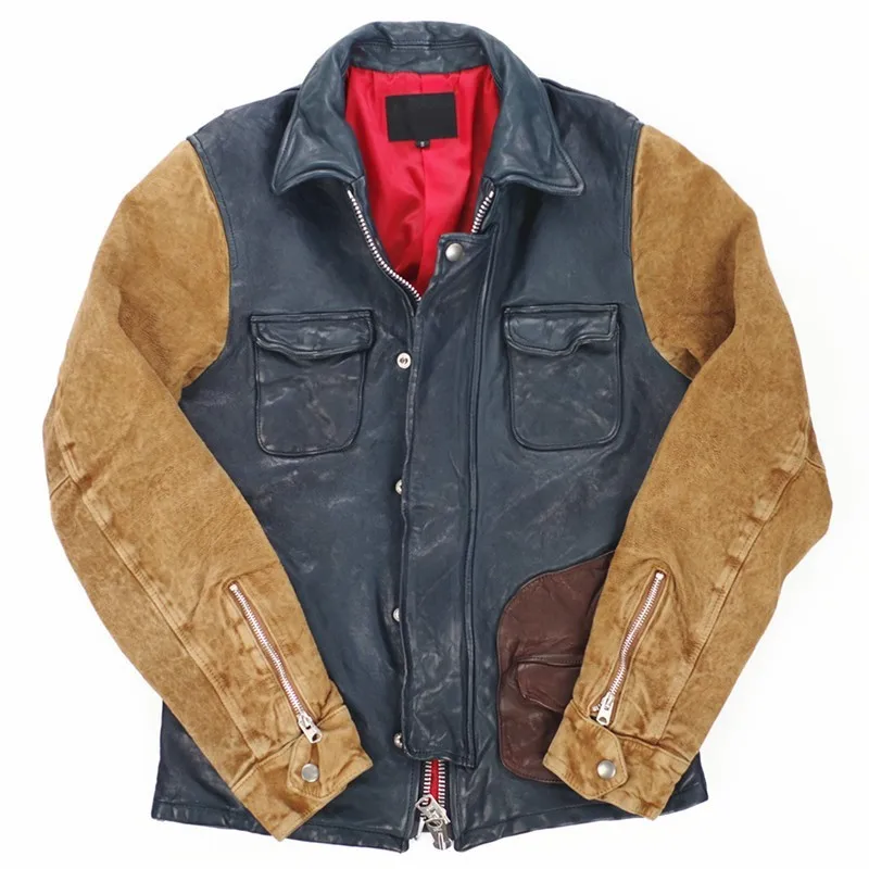 

Harajuku Mens Sheepskin Genuine Leather Jacket Colors Mixed Suede Leather Patchwork Biker Coat Designer Slim Fit Cargo Jackets