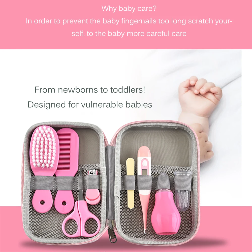 

8pcs Portable Baby Care Kit With Storage Bag Nail Clippers Scissor Nose Cleaner Electronic Thermometer Hair Brush Healthcare Set