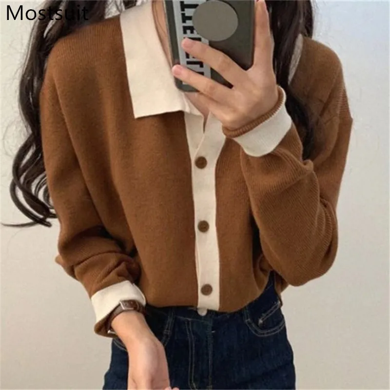 

Женский трикотажный кардиган, однобортный свитер с длинным рукавом и отложным воротником, корейский стиль, джемперы, кофты, осень 2021