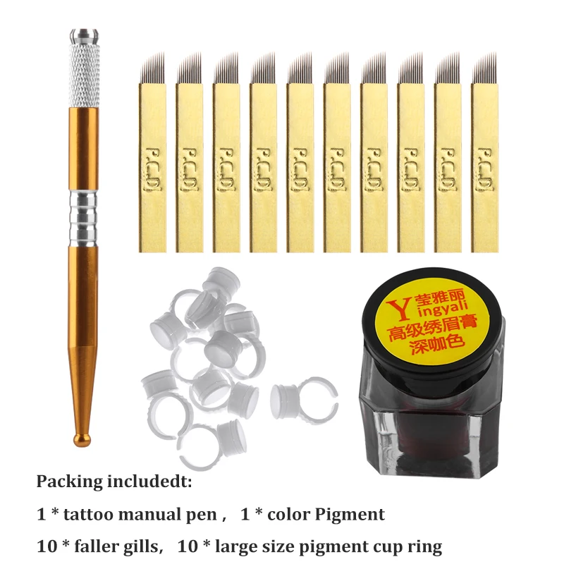 Eyebrow Tattoo Microblading Needle Blade Pen Pigment Practice Tattoo Pigment Rings Permanent Makeup Tattoo Pen Set Wholesale