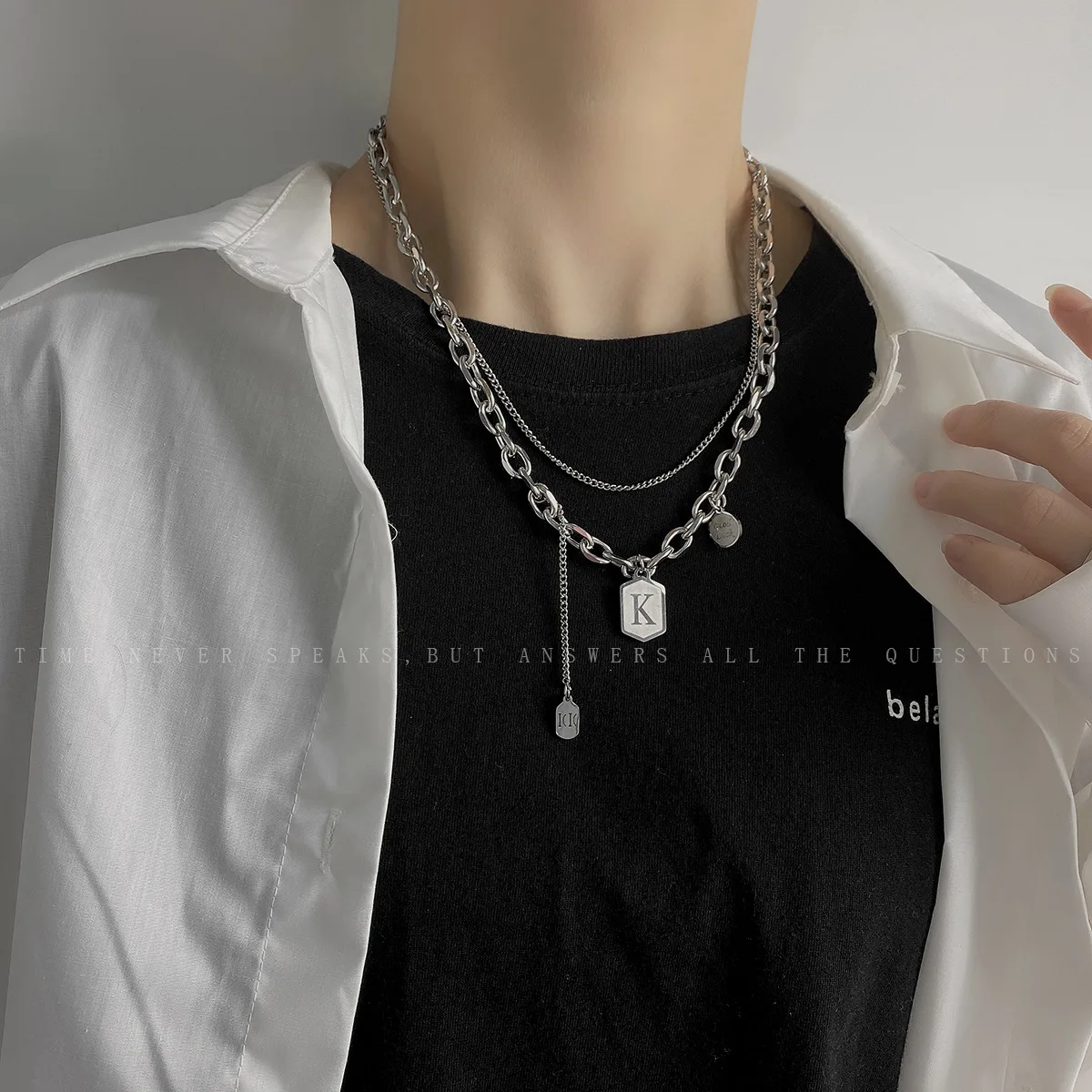 

Personalized Tide K Letter Clavicle Chain Hip Hop Square Double Layer Necklace Female Titanium Steel Niche Versatile