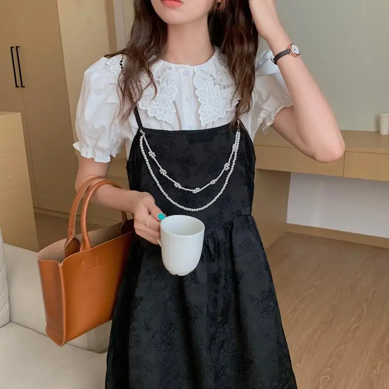 

COIGARSAM Vintage Women Suspenders O-Neck Pearl Dresses Black Dress White 9791