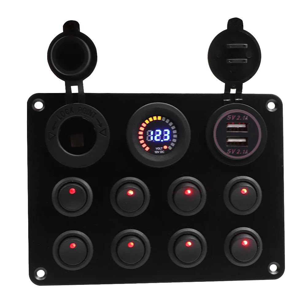 

Boat Switch Panel Car Switch Panel Waterproof Digital Voltmeter Dual USB Port 12V Outlet Combination Marine LED Rocker 8 Gang