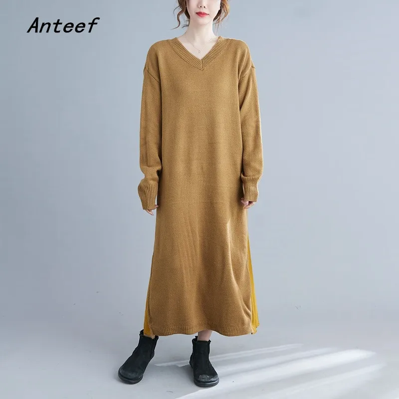 Anteef long sleeve knitted vintage dresses for women casual loose autumn winter sweater dress elegant clothing 2022