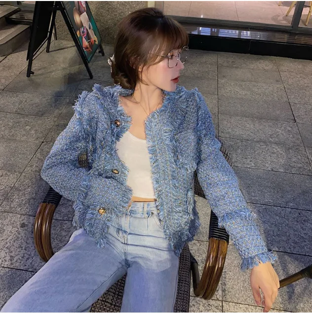 

High Quality Women Spring Autumn Vintage Elegant Ladies Tweed Woven Tassel Short Jacket Coat