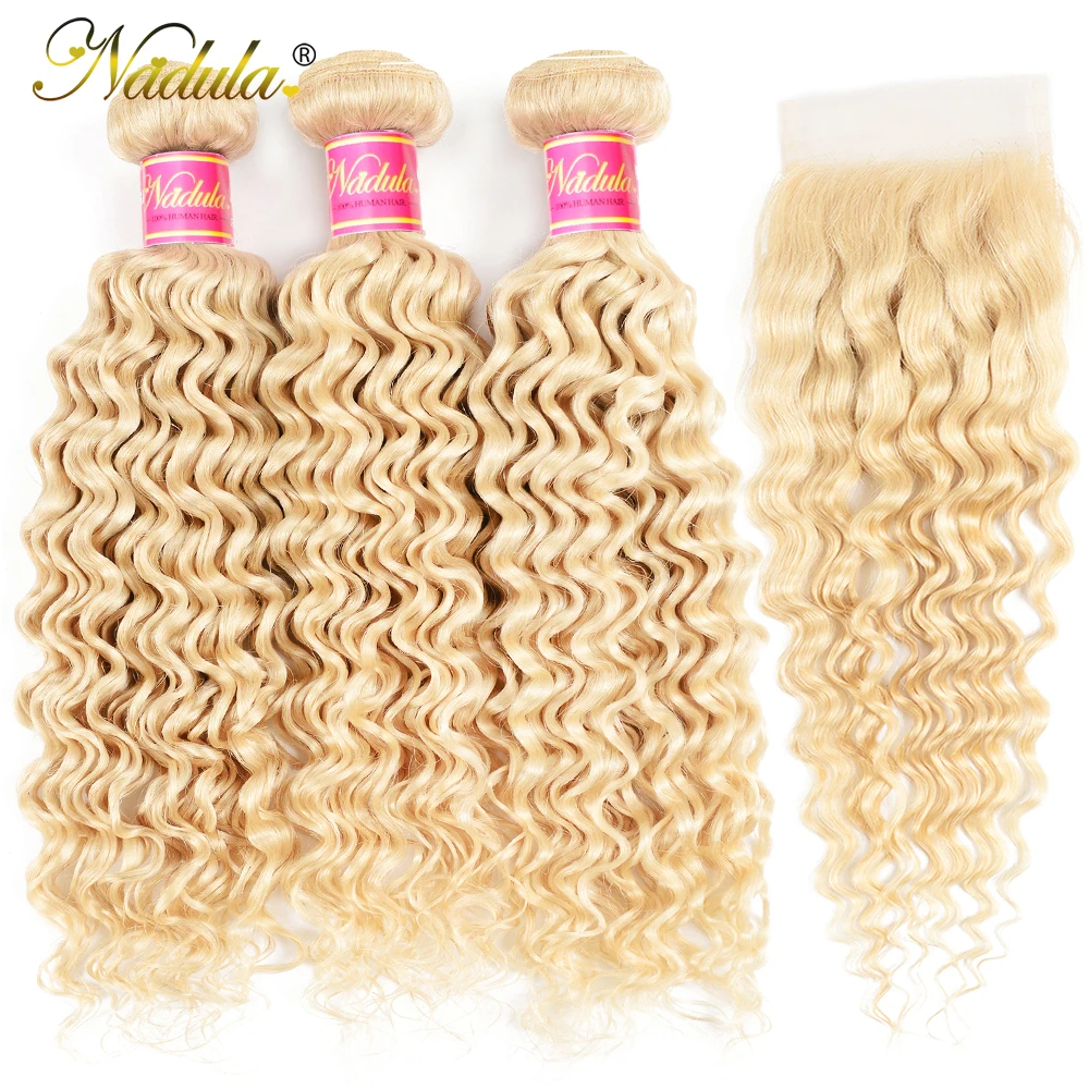 Надула волосы с закрытием 3 пучки бразильских локонов глубокая волна 100%