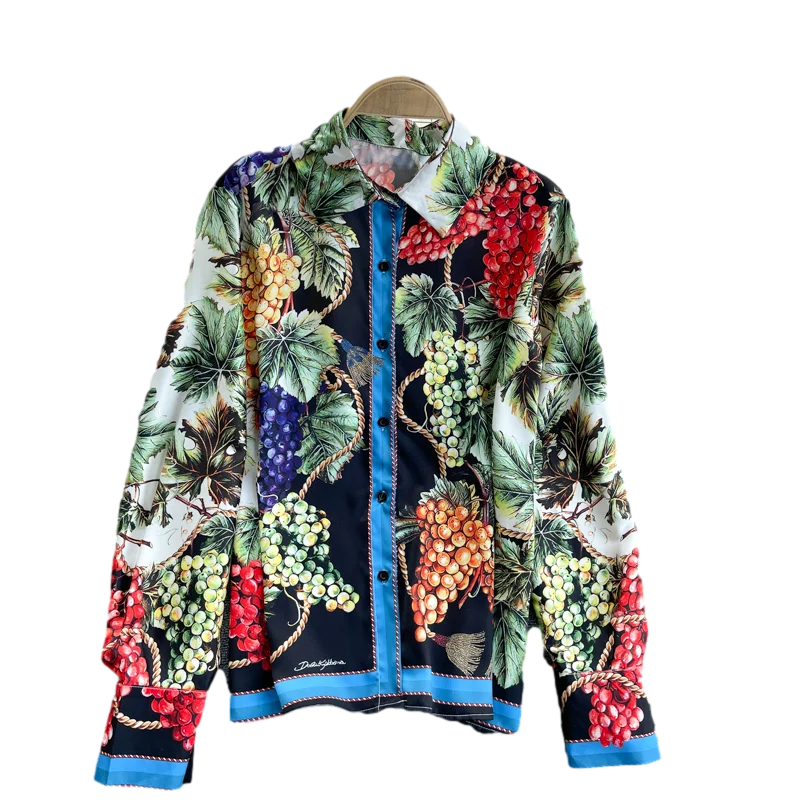 

Spring New Style Retro Fashion Blouse Female Print Grape Hit Color Lapel Blusa Waist Slimming All-match Fashion Shirt GK