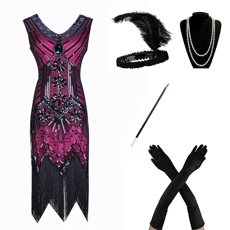 rose red set 1920s Flapper платье Great Gatsby вечерние платья с блестками и бахромой - Цвет: rose red set