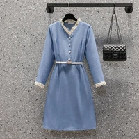 ehqaxin elegant dresses for women autumn korean v neck lace denim button a line dresses with belt temperament m 4xl