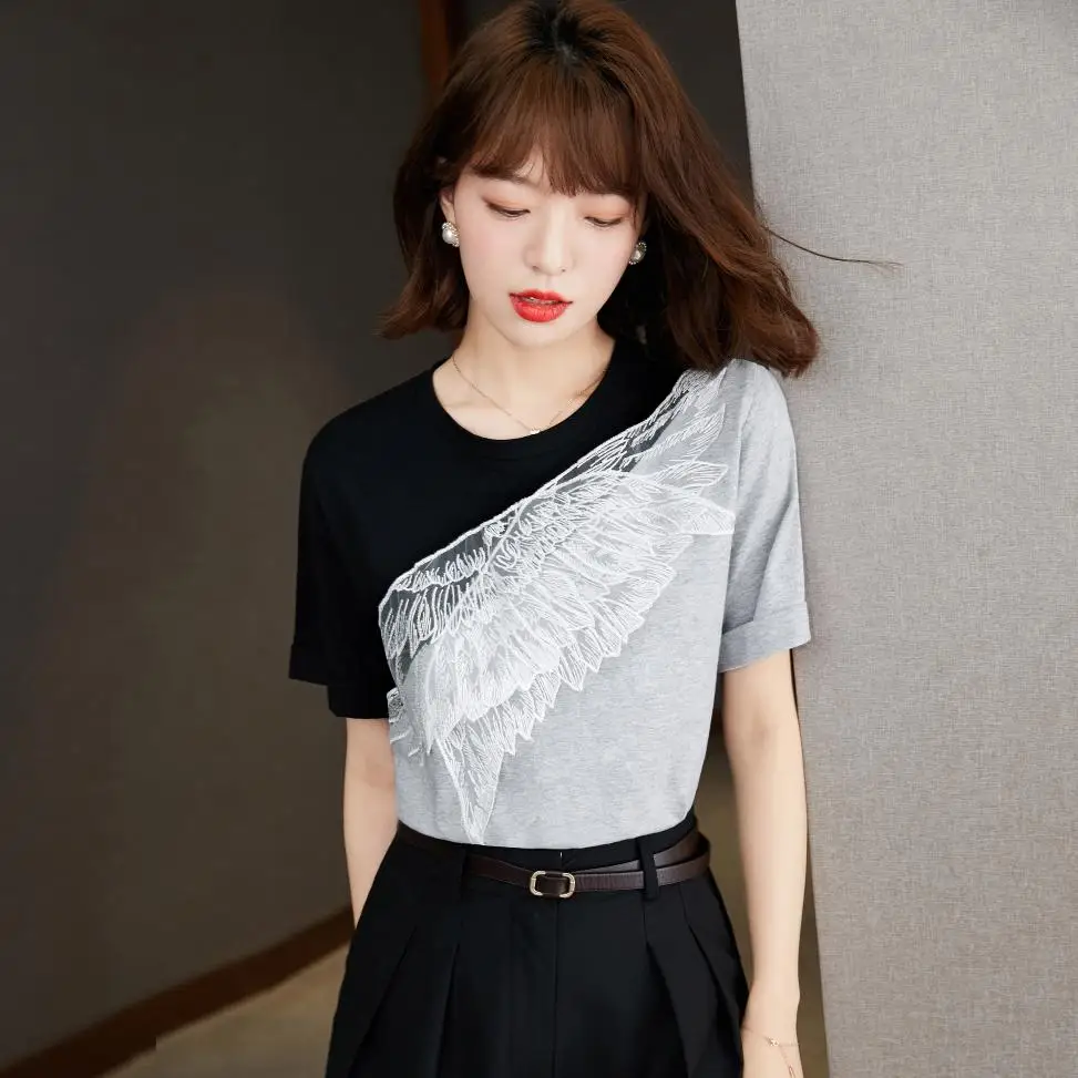 

O-Neck Fairy Tale Flying Wings 2021 Summer Trendy Design Feeling Small Shirt Short Sleeve All The Stitching Color Women Clothes